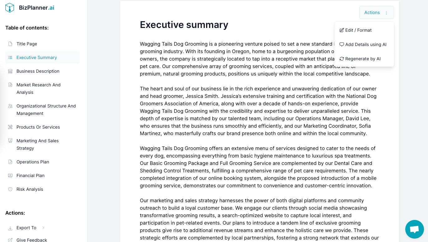 Geschäftsplan für Hundefrisöre: Ergebnis