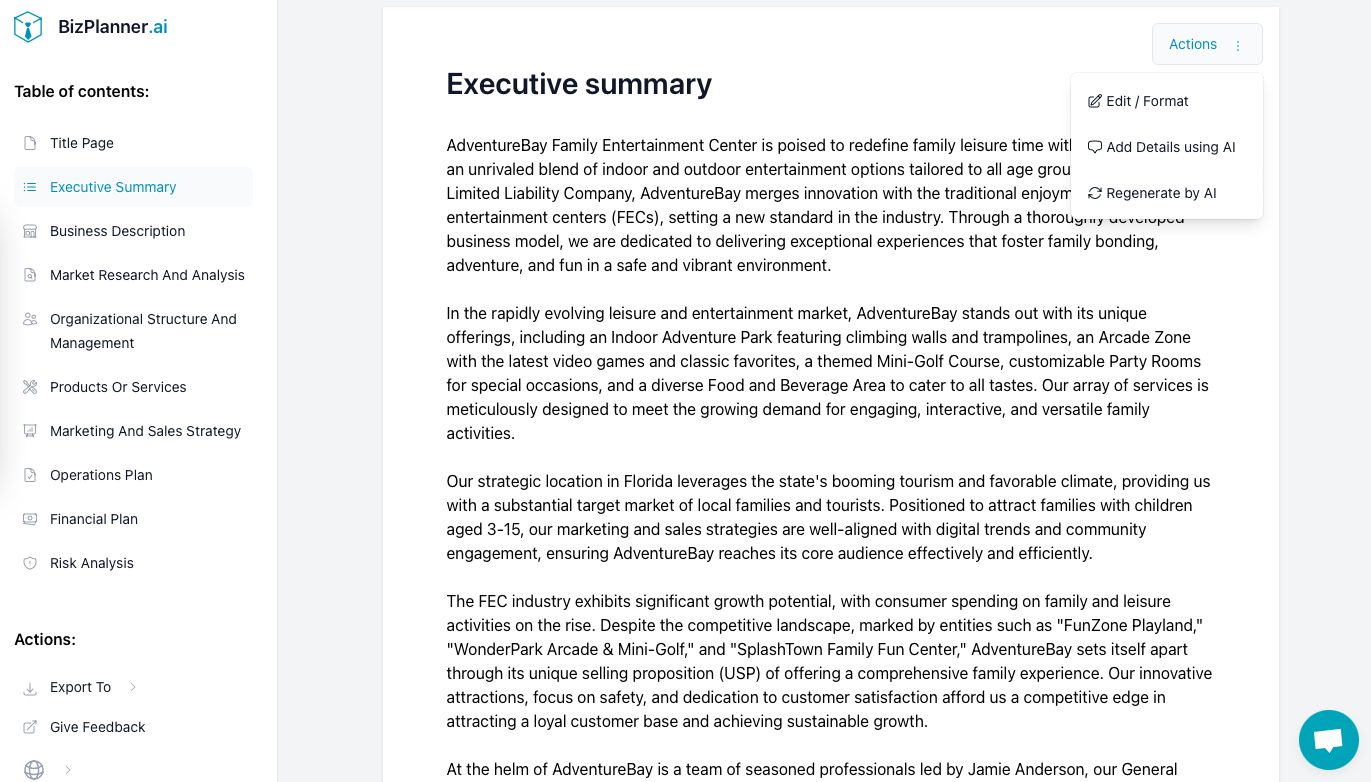 Businessplan für ein Familienunterhaltungszentrum: Ergebnis